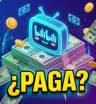 Icono azul estilo Bilibili rodeado de billetes de dólar y la pregunta ¿PAGA? para la guía de cobros en Latinoamérica.