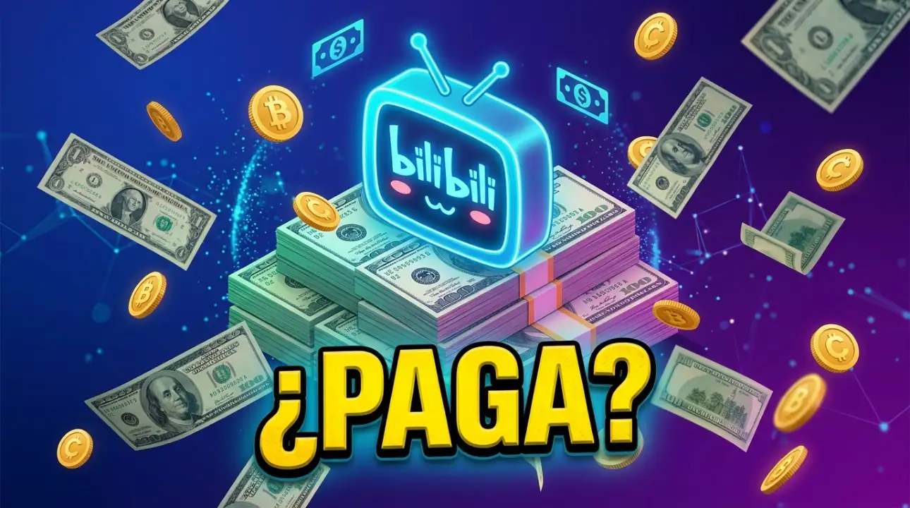 Icono azul estilo Bilibili rodeado de billetes de dólar y la pregunta ¿PAGA? para la guía de cobros en Latinoamérica.