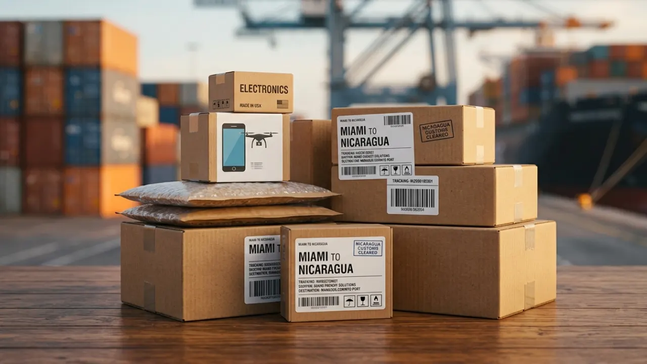 Cajas de compras en línea listas para envío marítimo desde Miami a Nicaragua por courier.