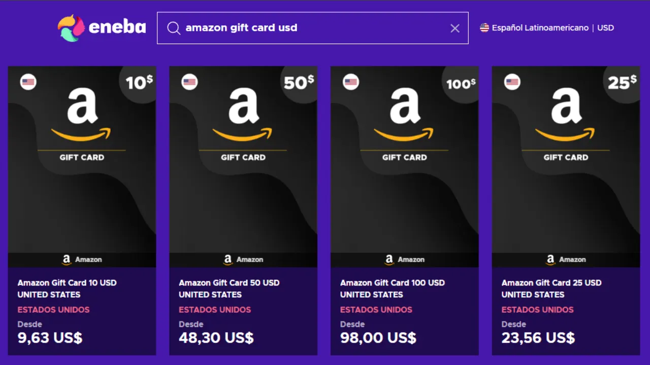 Captura de la plataforma Eneba con tarjetas de regalo de Amazon.