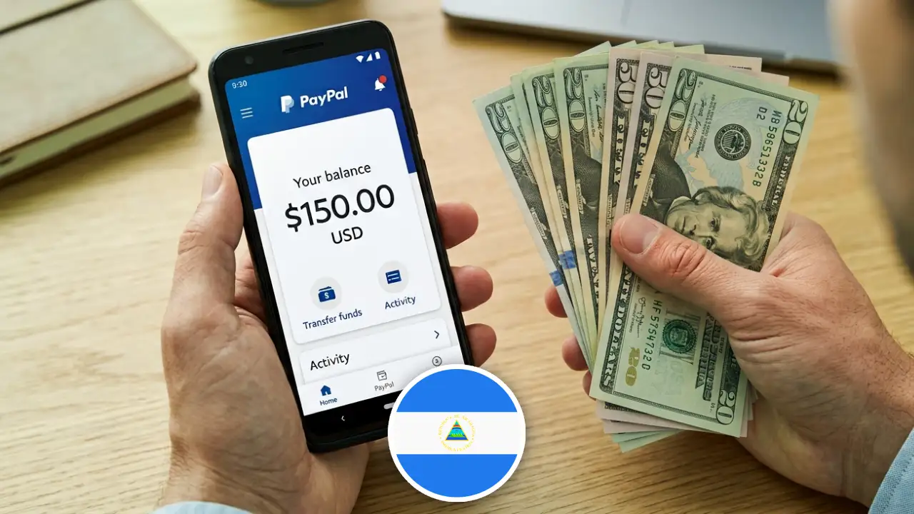 Mano sosteniendo celular con la app de PayPal y billetes en dólares, retiros en Nicaragua.