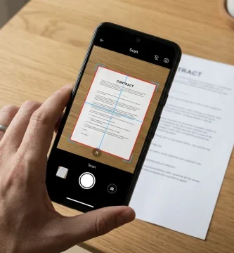 Imagen de Adobe Scan que ilustra la conversión de documentos físicos a PDF digitales con tecnología OCR.