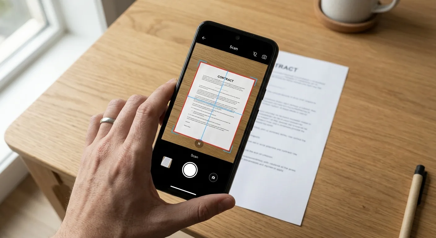 Imagen de Adobe Scan que ilustra la conversión de documentos físicos a PDF digitales con tecnología OCR.